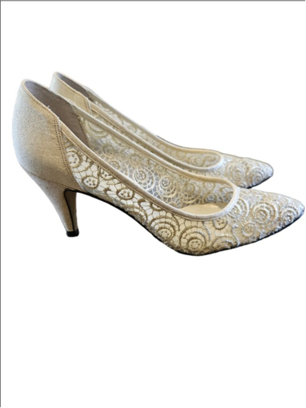Women's Life Stride VTG 60s Bridal Gold Lace Kitten Heel Pumps 8.5 AA